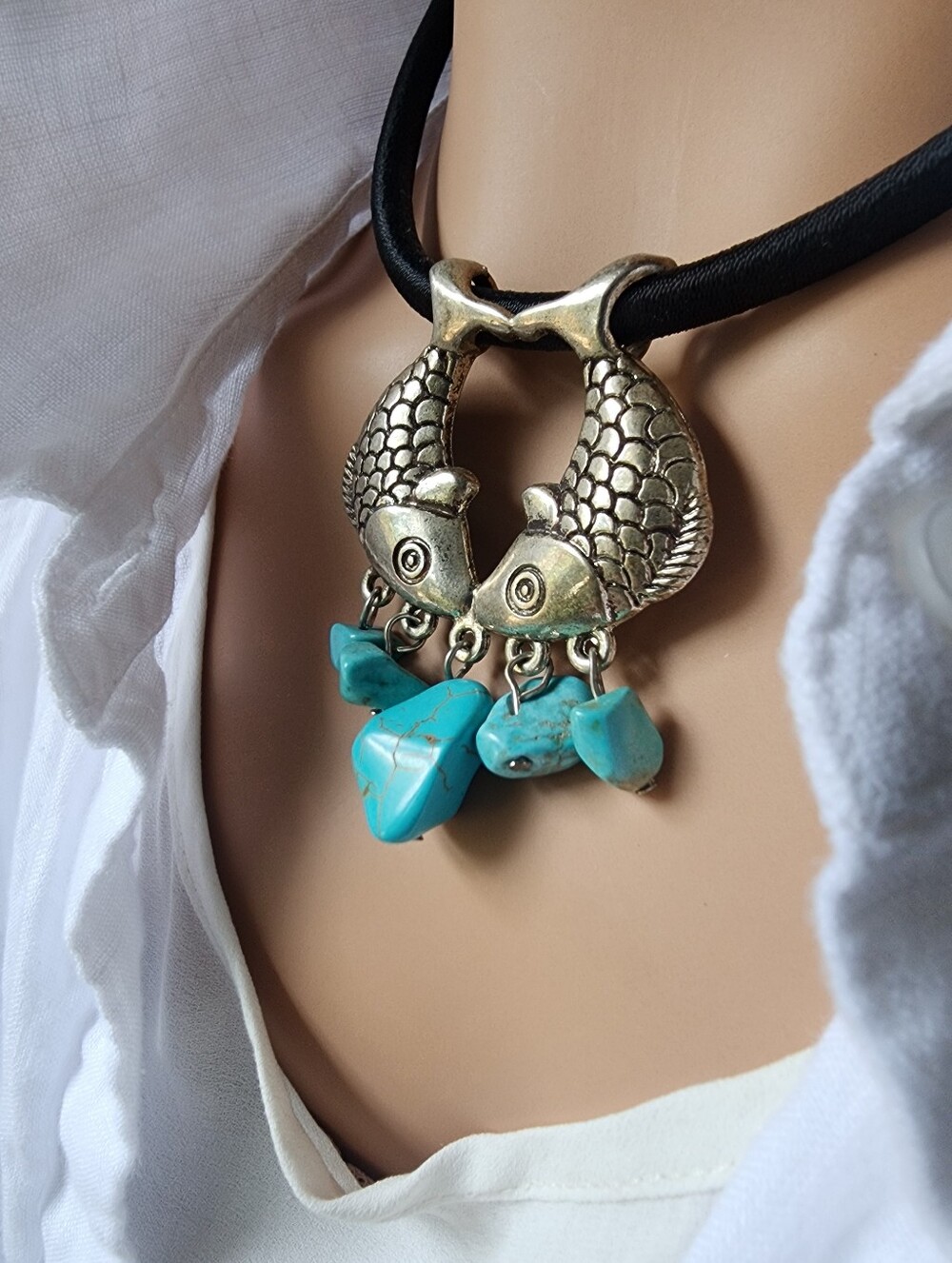 ❤️ Vintage Silver Chunky Big Blue Turquoise Pisces Fish Statement Modern